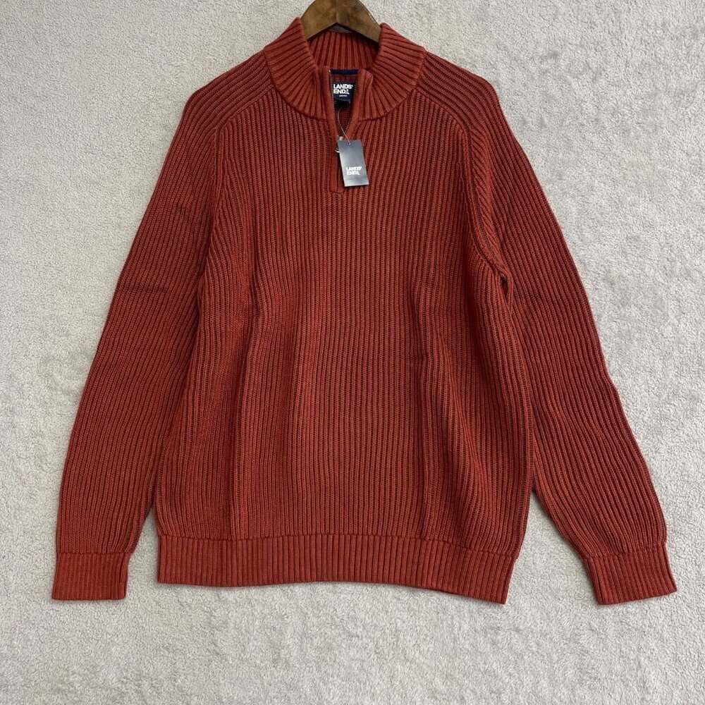 NEW Lands' End Drifter Men's L Ribbed Cotton Sweater Rust Red Mock neck -67 - Picture 3 of 13